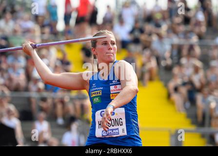 Kassel, Deutschland. 09. Juli 2023. Gewinner Christin HUSSONG (LAZ Zweibruecken) im Frauenjavelin-Finale bei der deutschen Leichtathletik-Meisterschaft 2023 09.07.2023 ab 08,07. - 09.07.2023 in Kassel/Deutschland. Kredit: dpa/Alamy Live News Stockfoto