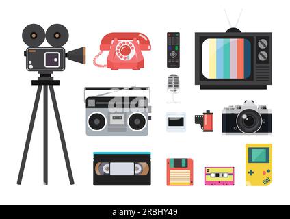 Set mit alten Retro-Gadgets, isoliert auf weißem Hintergrund. Vektordarstellung Stock Vektor
