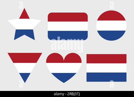Die Vektorsymbole der niederländischen Flagge in Form von Herz, Stern, Kreis und Karte. Darstellung der niederländischen Flagge in verschiedenen geometrischen Formen. Stock Vektor