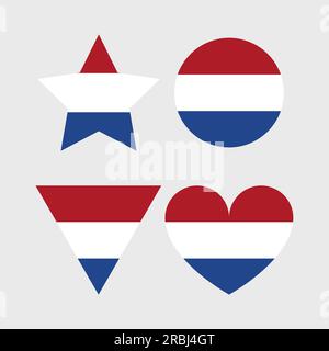 Die Vektorsymbole der niederländischen Flagge in Form von Herz, Stern, Kreis und Karte. Darstellung der niederländischen Flagge in verschiedenen geometrischen Formen. Stock Vektor