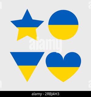 Ukrainisches Flaggensymbol. Flagge der Ukraine. Unterstützen Sie die Ukraine im Krieg. Quadratisch, rund und herzförmig. Blaue und gelbe Abbildung. Stock Vektor