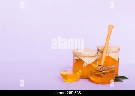 Honig im Glas mit Blättern und Honigtaube auf farbigem Hintergrund Draufsicht mit Text kopieren. Stockfoto