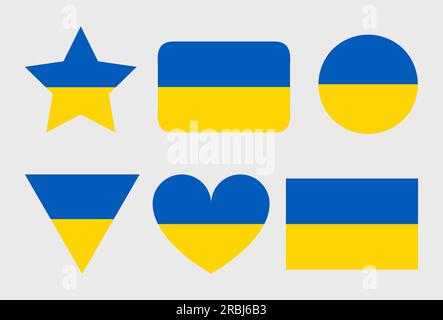 Ukrainisches Flaggensymbol. Flagge der Ukraine. Unterstützen Sie die Ukraine im Krieg. Quadratisch, rund und herzförmig. Blaue und gelbe Abbildung. Stock Vektor