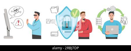 Cybersicherheit, Computerviren oder Malware. Netzwerk- und Informationssicherheit, Datenwiederherstellungssoftware. Antiviren-Programme zur Wiederherstellung verlorener Daten oder zum Schutz vor Cyberangriffen. Technische Sicherheit Stock Vektor
