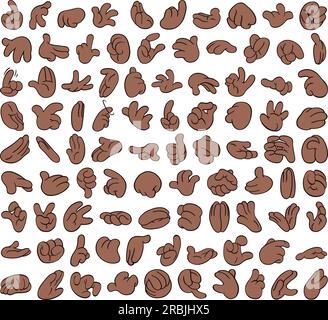 Große schwarze Zeichentrickhände in verschiedenen Gesten. Pack Nummer 1. Stock Vektor