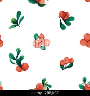 Nahtloses, wasserfarbenes Cranberry-Muster mit Preiselbeeren, von Hand gezogene Blätter auf Weiß isoliert. Für Textilien, Geschenkpapier, Hintergründe Stockfoto