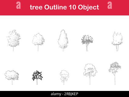 Baumlinienzeichnung, Seitenansicht, Grafikbäume Elemente einzelner Objektkontur Minimales Pflanzensymbol für Architektur- und Landschaftsdesign. Vektor. Stock Vektor