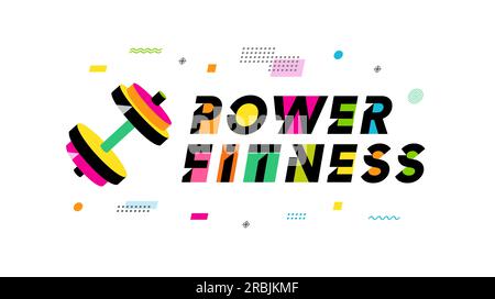 Power Fitness-Logo. Vektorlogo mit farbiger Kurzhantel und Schriftzug für FIT Gym Sport Design oder Bodybuilder Symbol Stock Vektor