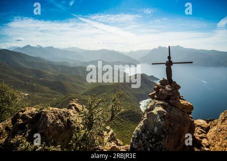 Blick von Monte Senino, Porto Bay, Porto, UNESCO-Weltkulturerbe, Haute-Corse-Departement, Westküste, Korsika, Mittelmeer, Frankreich Stockfoto