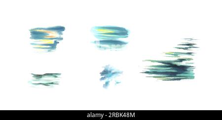 Wasserfarben Wellen im maritimen Set spritzen und reflektieren Handgemalte Meereszeichnung isoliert auf weißem Hintergrund Stockfoto