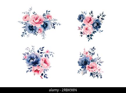 Set mit Blumenzweig. Blütenrosa und blaue Rose, grüne Blätter. Hochzeitskonzept mit Blumen. Blumenposter, einladen. Vektorvorbereitungen für die Begrüßung Stock Vektor