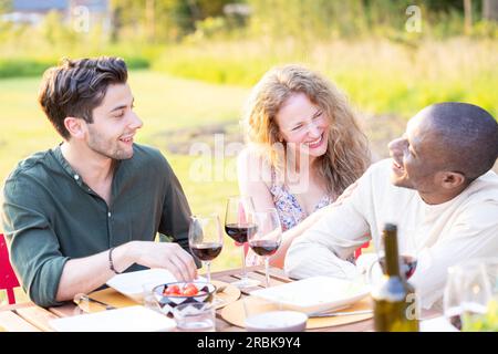 Familie und multiethnische, vielfältige Freunde treffen sich an einem Gartentisch. Leute essen gegrilltes und frisches Gemüse, teilen leckere Salate für eine große Familienfeier mit Verwandten. Hochwertiges Foto Stockfoto