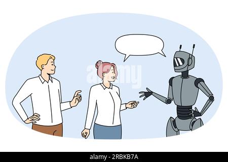 Menschen sprechen mit modernen Roboter. Kunden oder Benutzer kommunizieren mit humanoid oder Chatbot und erhalten Hilfe. KI- und Technologiekonzept. Vektorgrafik. Stock Vektor