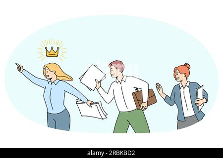 Mitarbeiter, die weibliche Führungspersönlichkeit verfolgen, erreichen gemeinsame Geschäftsziele und Erfolge. Mitarbeiter, die an der Teamarbeit beteiligt sind, streben nach Unternehmenserfolgen. Führung. Vektorgrafik. Stock Vektor