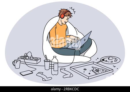 Guy Gamer spielt online auf dem Laptop, umgeben von Essen zu Hause. Verzweifelter Mann, der Computer benutzt, fühlt sich süchtig nach sozialen Medien und Spielen. Sucht nach Gadgets. Vektorgrafik. Stock Vektor