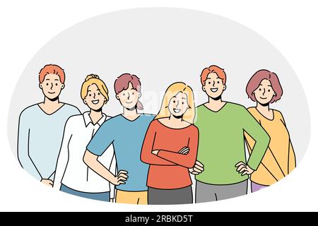 Verschiedene junge Menschen stehen zusammen und zeigen Freundschaft und Unterstützung. Multiethnische Jugendgruppe Zweisamkeit. Teamarbeit und Zusammenarbeit. Vektorgrafik. Stock Vektor