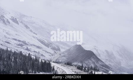 Ein Blick auf den Athabasca-Gletscher, einer der sechs wichtigsten Zehen des Columbia Icefield. Vom Glacier Skywalk in Jasper, Kanada. Stockfoto