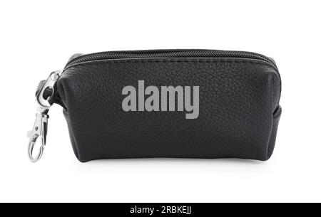 Stilvoller Schlüsselhalter aus Leder, isoliert auf weiß Stockfoto
