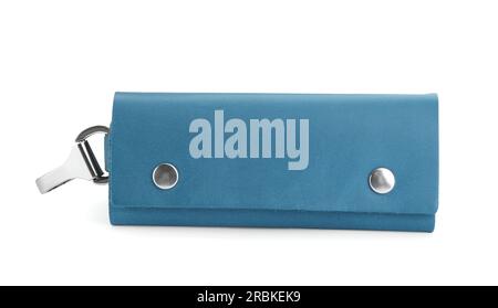 Stilvoller Schlüsselhalter aus Leder, isoliert auf weiß Stockfoto