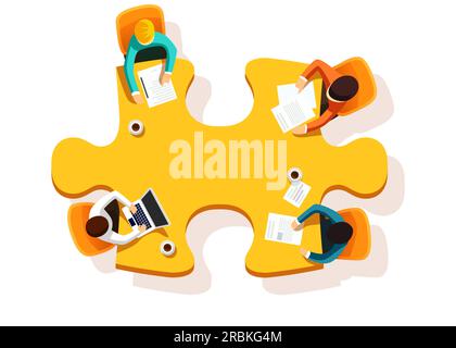Eine Gruppe von Geschäftsleuten, die sich um einen Puzzletisch treffen. Vektordarstellung Stock Vektor