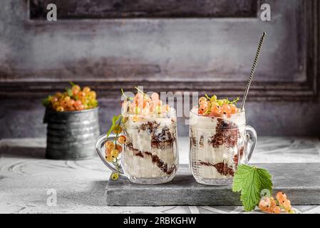 Joghurt-Dessert mit Johannisbeeren in einem Glas. Hochwertiges Foto Stockfoto