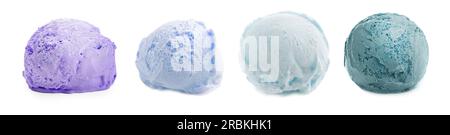 Set von Eislöffeln in verschiedenen Farben und Geschmacksrichtungen, isoliert auf Weiß Stockfoto