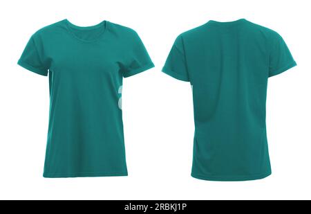 Vorder- und Rückansicht des türkisfarbenen Frauen-T-Shirts auf weißem Hintergrund. Modell für Konstruktion Stockfoto