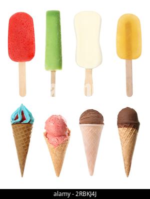 Verschiedene leckere Eiscreme auf weißem Hintergrund Stockfoto