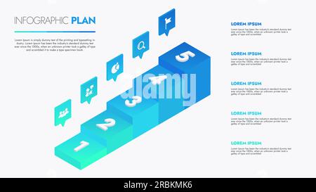 Infografik-Vorlage für Präsentationen und Funktionen Datenvisualisierung umfasst ein Prozessdiagramm mit Diagrammen, Schritten und Optionen. Stockfoto