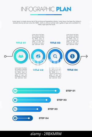 Infografik-Vorlage für Präsentationen und Funktionen Datenvisualisierung umfasst ein Prozessdiagramm mit Diagrammen, Schritten und Optionen. Stockfoto