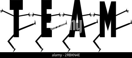 Geschäftlich. Teamarbeit im Geschäftskonzept. Fröhliche, tanzende Buchstaben T, E, A, M. Schwarze und weiße Illustration Stock Vektor