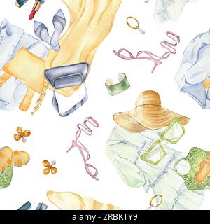 Das Sommerkostüm der Frau. Tragen Sie ein wasserfarbenes, nahtloses Muster, isoliert auf Weiß. Hemd, Rock, Tasche, Schuhe, Lippenstift, Oberste Hand gezogen. Design für Textil, Pa Stockfoto