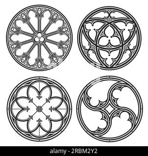 Satz von Vektorsilhouetten der Kathedrale rund um gotische Fenster. Geschmiedetes oder Buntglas. Stock Vektor