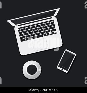 Laptop, Smartphone, Kaffeetasse – Flachvektordesign Stock Vektor