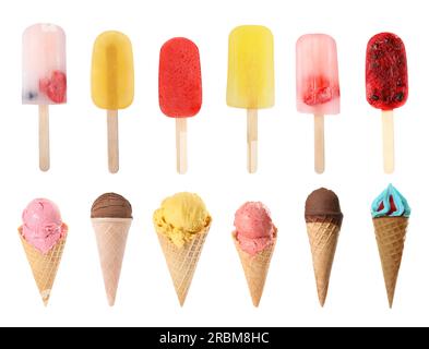 Verschiedene leckere Eiscreme auf weißem Hintergrund Stockfoto