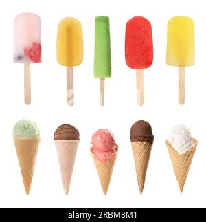 Verschiedene leckere Eiscreme auf weißem Hintergrund Stockfoto