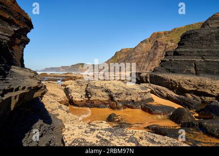 Praia da Cordoama und Praia do Castelejo am Atlantischen Ozean in der Nähe von Vila do Bispo im Parque Natural do Sudoeste Alentejano e Costa Vicentina, Alga Stockfoto