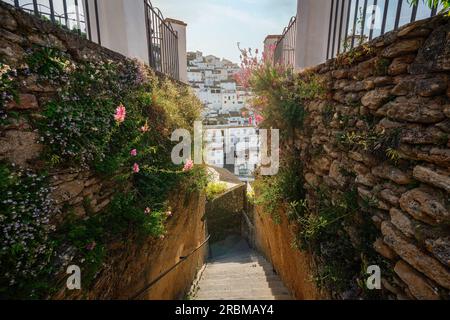 Treppen des Mirador del Carmen Aussichtspunkts - Setenil de las Bodegas, Andalusien, Spanien Stockfoto