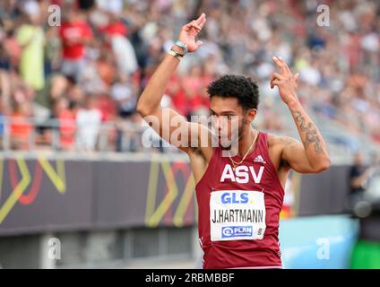 Kassel, Deutschland. 09. Juli 2023. Jubelsieger Joshua HARTMANN (ASV Köln) Finale mit 200m Männern bei 09.07.2023 deutschen Leichtathletikmeisterschaften 2023 ab 08,07. - 09.07.2023 in Kassel/Deutschland. Kredit: dpa/Alamy Live News Stockfoto