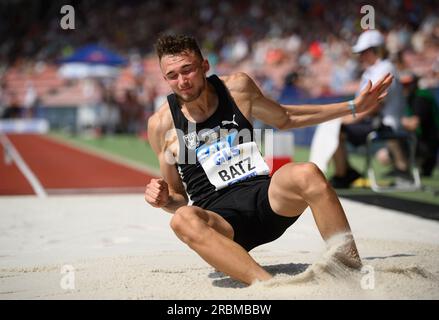 Kassel, Deutschland. 09. Juli 2023. Sieger Simon BATZ (MTG Mannheim), Action, Langsprung-Finale für Männer, bei der deutschen Leichtathletik-Meisterschaft 2023 09.07.2023 ab 08,07. - 09.07.2023 in Kassel/Deutschland. Kredit: dpa/Alamy Live News Stockfoto