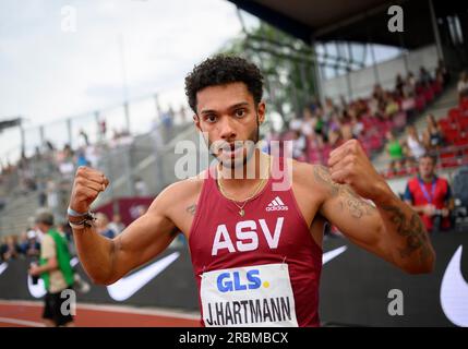 Kassel, Deutschland. 09. Juli 2023. Jubelsieger Joshua HARTMANN (ASV Köln) Finale mit 200m Männern bei 09.07.2023 deutschen Leichtathletikmeisterschaften 2023 ab 08,07. - 09.07.2023 in Kassel/Deutschland. Kredit: dpa/Alamy Live News Stockfoto