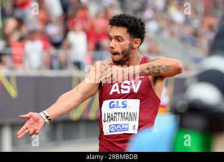 Kassel, Deutschland. 09. Juli 2023. Jubelsieger Joshua HARTMANN (ASV Köln) Finale mit 200m Männern bei 09.07.2023 deutschen Leichtathletikmeisterschaften 2023 ab 08,07. - 09.07.2023 in Kassel/Deutschland. Kredit: dpa/Alamy Live News Stockfoto