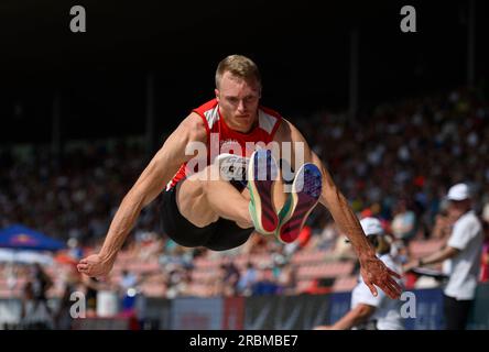 Kassel, Deutschland. 09. Juli 2023. Luka HERDEN (LG Brillux Munster), Langsprung-Finale für Männer, ab 08,07 bei den deutschen Leichtathletikmeisterschaften 2023 09.07.2023. - 09.07.2023 in Kassel/Deutschland. Kredit: dpa/Alamy Live News Stockfoto