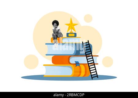 Collagenfoto einer süßen, cleveren Studentenuniversität, junge Dame, die auf einem Stapel sitzt, Bücher klettern Leiter goldener Stern Preis isoliert auf weißem Hintergrund Stockfoto