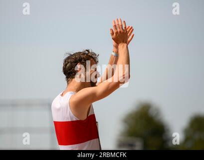 Kassel, Deutschland. 09. Juli 2023. Fabian HEINLE (VfB Stuttgart) Langsprung-Finale für Männer, ab 08,07 bei den deutschen Leichtathletikmeisterschaften 2023 09.07.2023. - 09.07.2023 in Kassel/Deutschland. Kredit: dpa/Alamy Live News Stockfoto