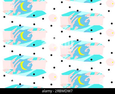 Handgezeichnete Vektoren abstrakte künstlerische kreative Kunstwerke Illustrationen nahtlose Muster mit süßem Mond und Sternen am hellblauen Himmel und isolierten Wolken Stock Vektor