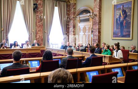 10. Juli 2023, Luxemburg, Luxemburg: Deutscher Präsident Frank-Walter Steinmeier (Mitte) und seine Frau Elke Büdenbender (3. von links) tauschen sich im Parlament des Großherzogtums Luxemburg mit Großherzog Henri von Luxemburg (3. von rechts), Großherzogin Maria Teresa von Luxemburg (2. von rechts), Fernand Etgen aus (2. von links), Sprecher des luxemburgischen Parlaments und Gäste des Präsidenten, Guy Helminger (l), Autor, und Vicky Krieps (r), Schauspielerin, mit Vertretern der Mitgliedsorganisationen des Jugendrates. Präsident Steinmeier und seine Frau sind in Luxemburg Stockfoto