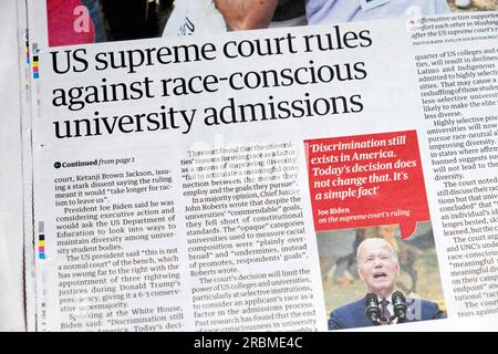 "US Suppreme Court rules against race-aware University Enmissions", Schlagzeile der Zeitung Guardian, Joe Biden, Artikel 30. Juni 2023 London UK Stockfoto