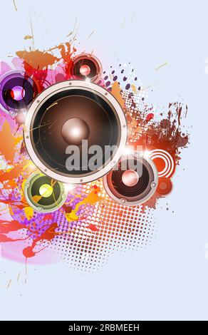 Sound Lautsprecher Musik Partyhintergrund mit Farbspritzern für Partyveranstaltungen und Designkarten Stockfoto