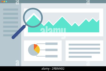 Anwendungsfenster mit Finanzdiagrammen und Lupe, Analyse- und Optimierungskonzept Stock Vektor